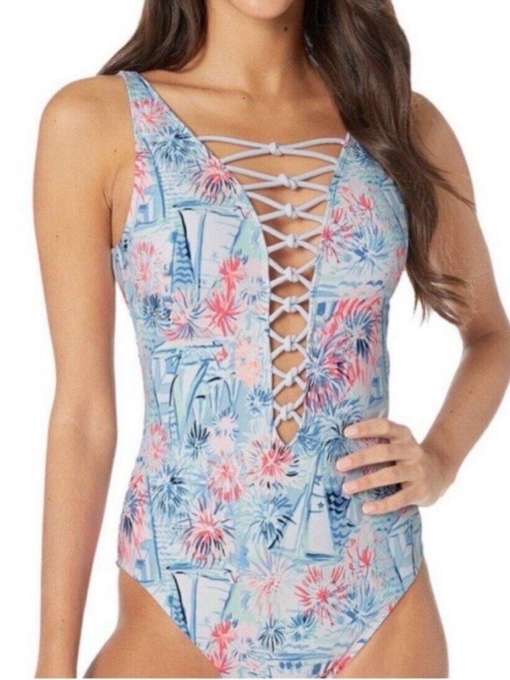 Lilly Pulitzer Sea to Shining Sea Lattice One-Piece Swimsuit - size 8